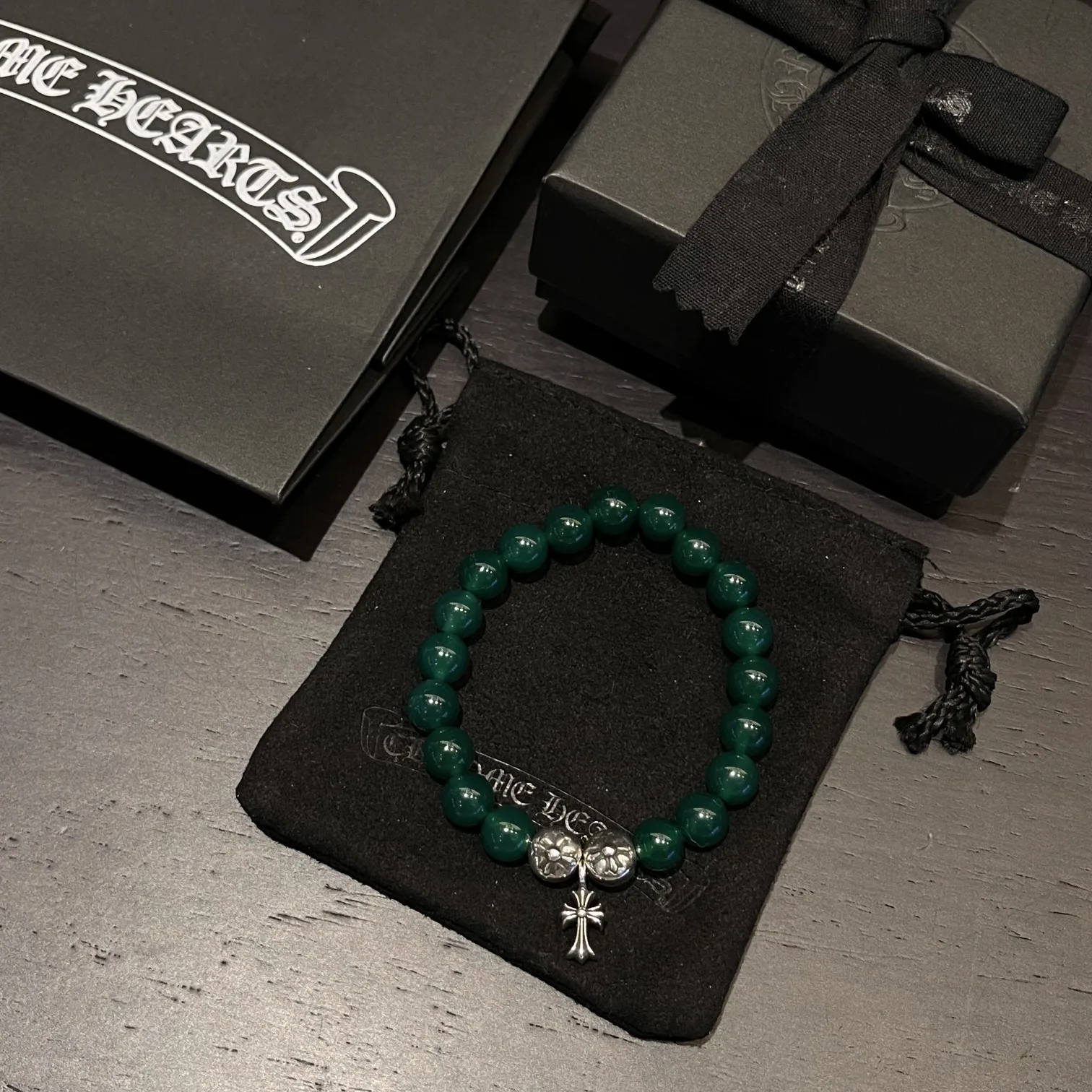 Chrome Hearts 925 실버 그린 애게이트 비드 팔찌｜8mm